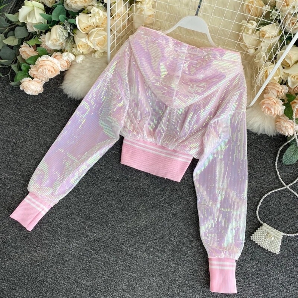 Sequin hoodie bomber jacket shiny sparkle pink black white stripe sporty womens - Picture 5 of 9